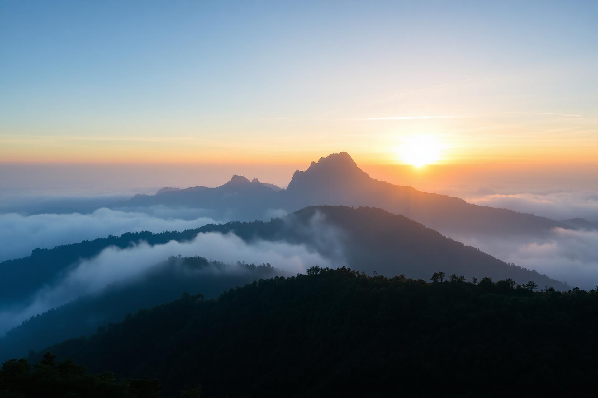 Sunrise over misty mountains